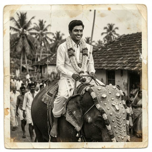 Grandpa dressed for his wedding day, recalling arriving by elephant